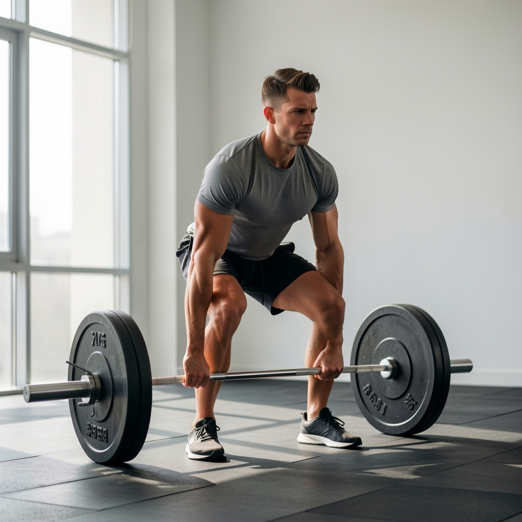 Athlete performing barbell deadlift in a minimalist gym with natural light, focused expression, controlled posture