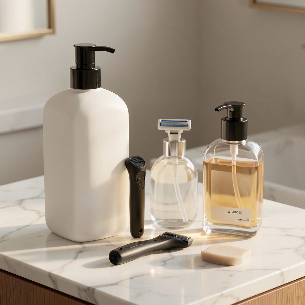 Neatly arranged grooming products on a marble surface — face wash, razor, aftershave balm, in soft morning light